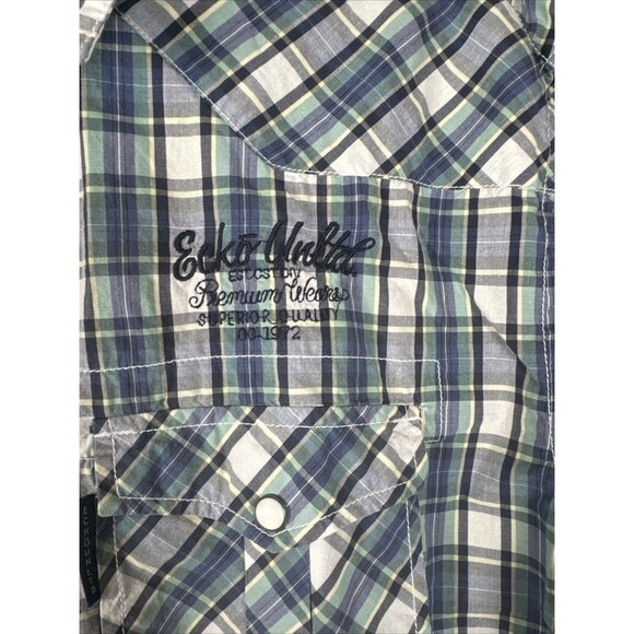 Ecko Unltd Mens XL Blue Plaid Short Sleeve Pearl‎ Snap Western Button Up Patches - Picture 4 of 14